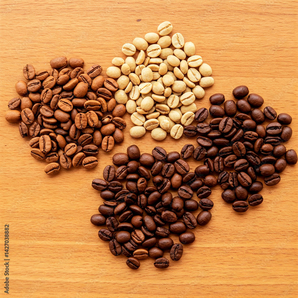 Obraz premium Top view piles with coffee beans medium roast, light roast and dark roast on the wooden table.