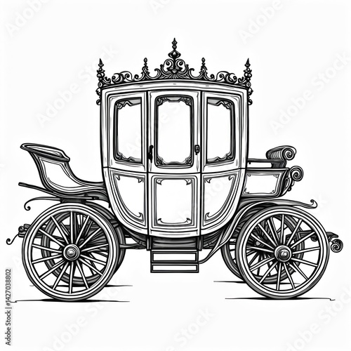 Vintage illustration of horse-drawn carriage. Elegant carriage design with intricate details, decorative elements. Coloring page for creative projects, design resources. Carriage, transport, cute,