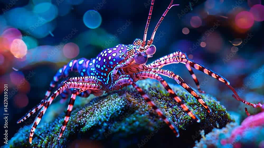 Vibrant lobster resting on coral reef, illuminated by colorful underwater lights, showcasing marine life Vibrant lobster resting on coral reef, illuminated by colorful underwater lights, showcasing marine life