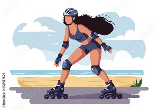 A dynamic illustration of a woman enjoying inline skating along a scenic beach promenade on a bright summer day. Perfect for conveying themes of active holidays, fitness, and summer recreation