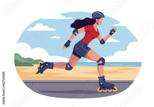 A dynamic illustration of a woman enjoying inline skating along a scenic beach promenade on a bright summer day. Perfect for conveying themes of active holidays, fitness, and summer recreation