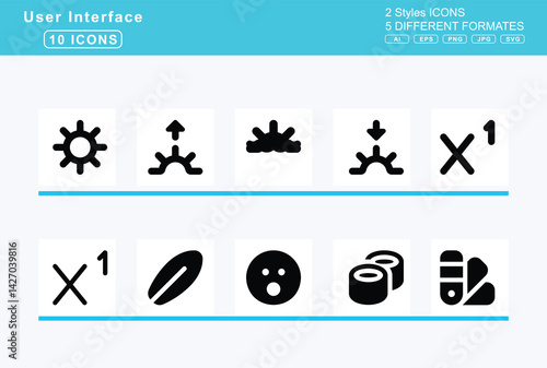 Set of 5 solid user interface icons,subway, suitcase, summer, sun, dust