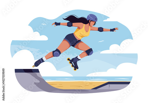 An energetic illustration of a woman performing tricks on aggressive inline skates at a beach skate park, capturing the thrill of summer sports and holiday fun