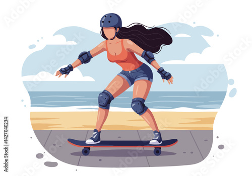 A dynamic illustration of a woman skateboarding along a beach promenade on a sunny summer day, capturing the energy of summer sports and holiday fun