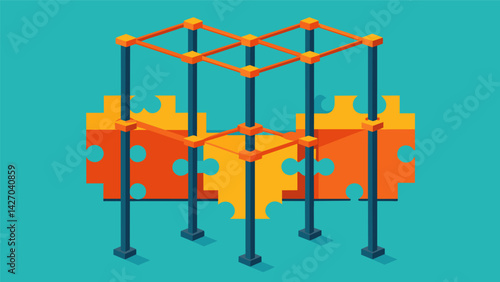 The rebar framework resembles a puzzle as the pieces are strategically p and connected to support the structure.. Vector illustration