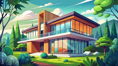 Very beautiful Stunning contemporary luxury home with sleek glass and wood facade nestled in lush greenery offering a harmonious blend of modern design and natural elements