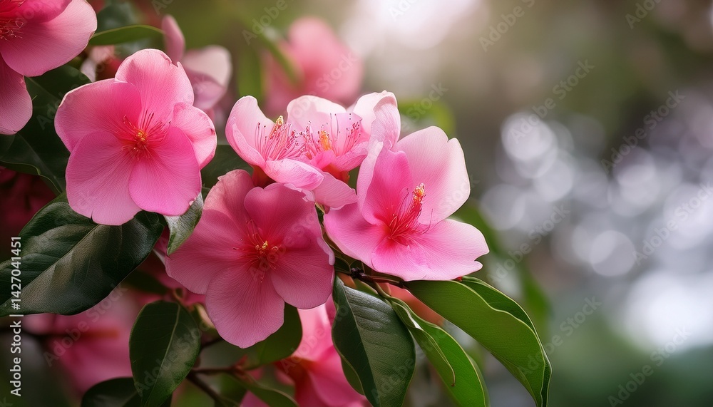 Obraz premium close up of vibrant pink flowers with green leaves on a branch perfect for nature and botanical themes