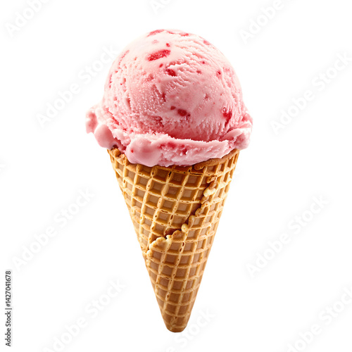 ice cream cone with strawberry scoop on transparent background