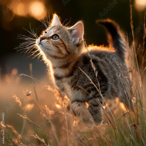 Wallpaper Mural A tabby kitten stands in a sunlit grassy field, attentive with perked ears and an extended tail The scene suggests either dawn or dusk, enhanced by beams of filtered sunlight from the - AI-Generated Torontodigital.ca