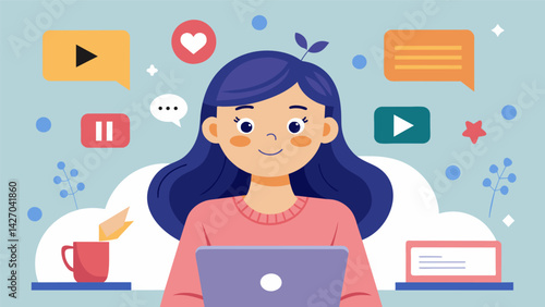 A young girl sharing a vlog on her YouTube channel documenting her journey as a young entrepreneur and giving tips and tricks to others who want to. Vector illustration