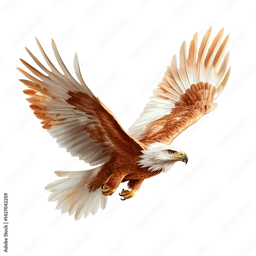Obraz premium Majestic Eagle in Mid-Flight with Spreading Wings Against Clear Sky Background