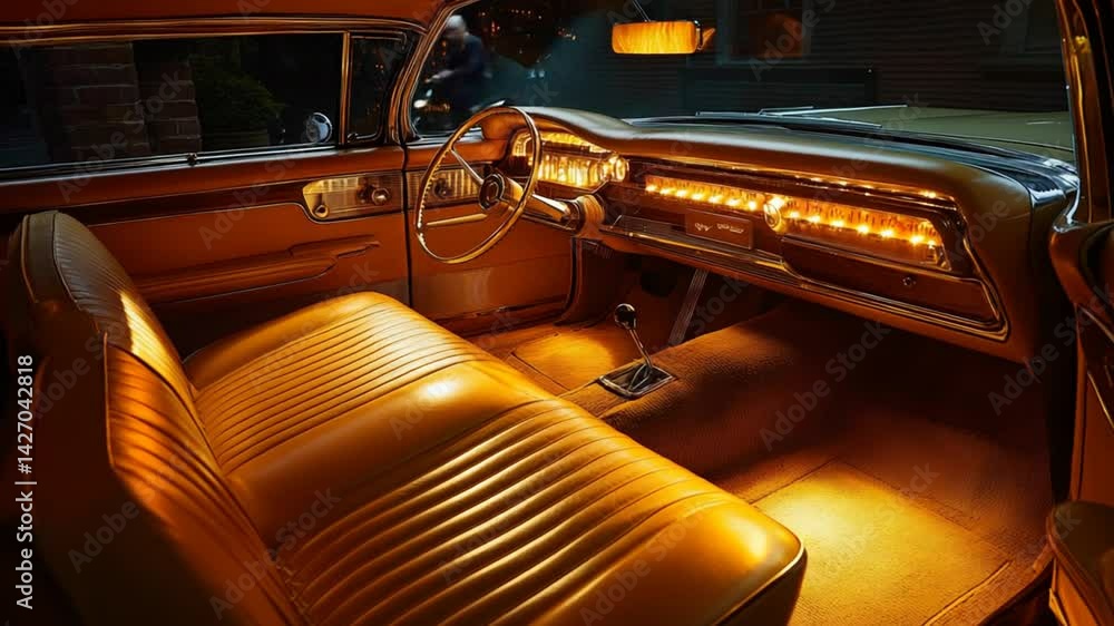 Vintage Automotive Interior with Amber Lighting Detailing Leather Seating and Dashboard