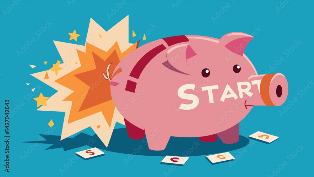 A smashed piggy bank with a caption start over representing the opportunity for a fresh financial start.. Vector illustration
