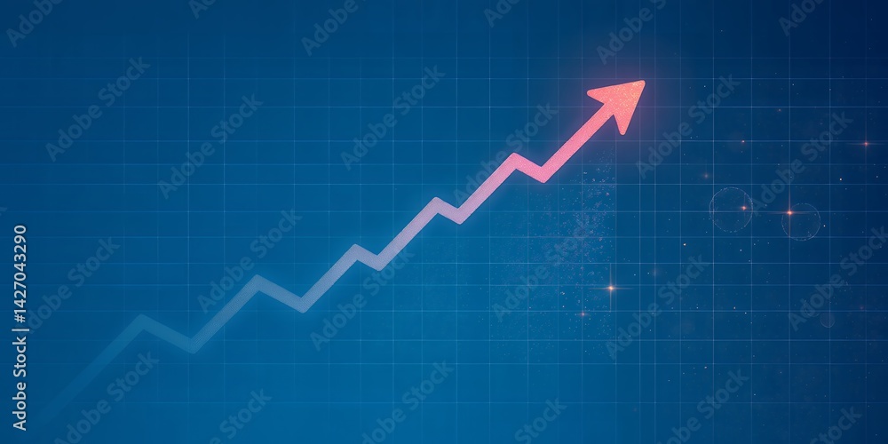 Naklejka premium Illustration of a pink arrow trending upwards on a blue background with grid pattern overlay