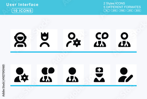 Set of 5 solid user interface icons,usd, circle, square, user, add, alien