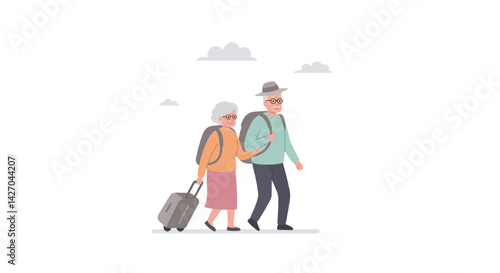 Elderly couple traveling with luggage against a cloudy background  