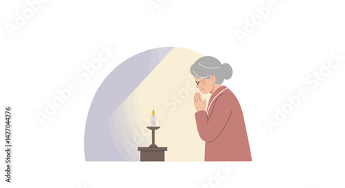 Elderly Woman Praying for Spirituality Against a Calm Background  