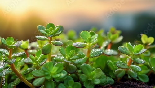 purslane or pigweed purslane portulaca oleracea are growing up with green leaves and water drops in the morning