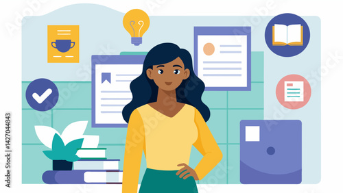 A young woman stands in front of a bulletin board at her university her face scrunched in concentration as she studies the details and fine print of. Vector illustration