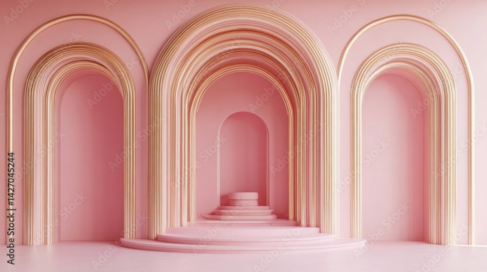 Elegant pastel pink arched pathway with golden accents. Elegant pastel pink arched pathway with golden accents.