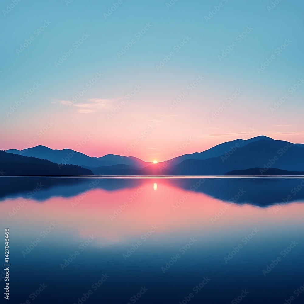 Fototapeta premium Beautiful sunset over calm lake with mountains and colorful sky high resolution picture