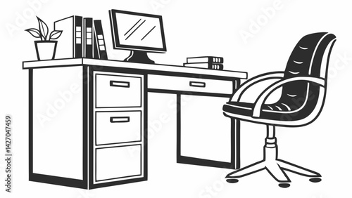Office desk, computer monitor, office chair, filing cabinet
