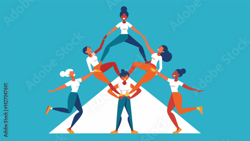 Cheerleaders strategically intertwining limbs and soaring through the air in a complex pyramid formation.. Vector illustration