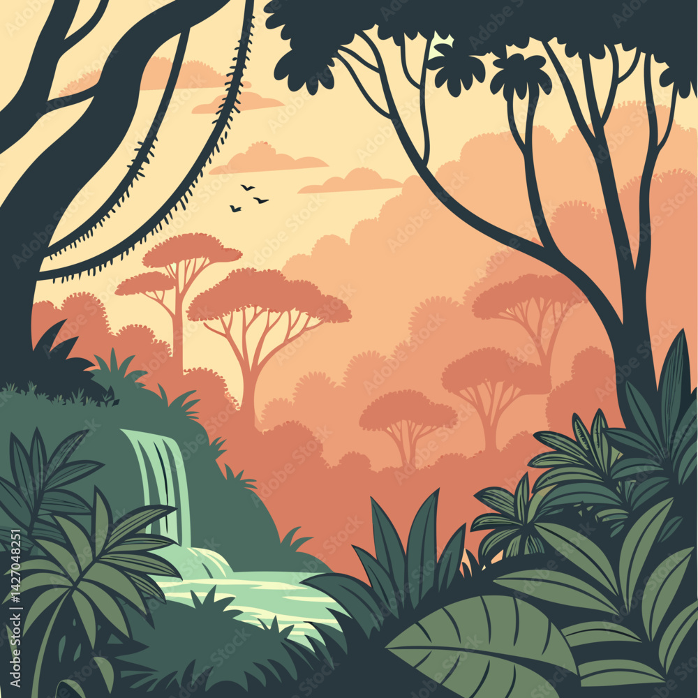 Naklejka premium vector illustration of a tropical landscape in jungle