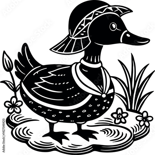 Duck With Bonnet In Pond
