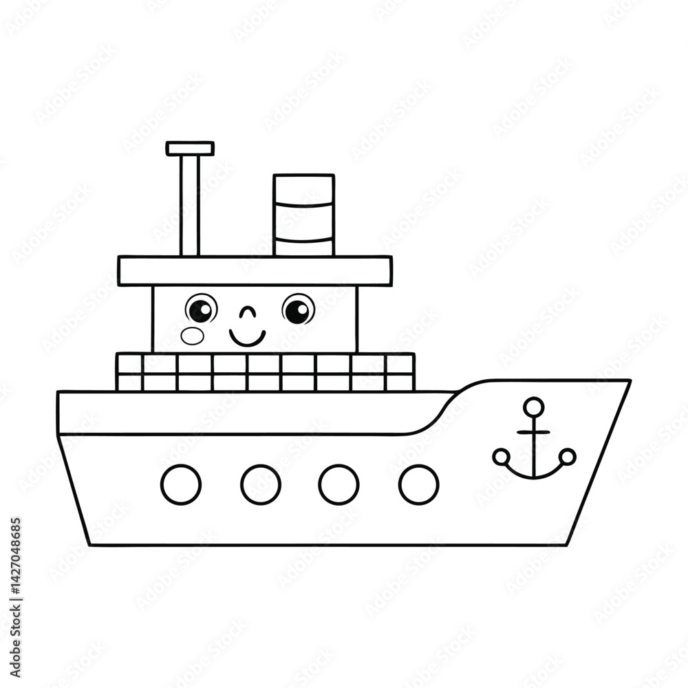 Obraz premium Easy Coloring Page for Kids – Cartoon Ship with Bold Outlines