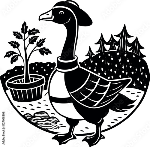 Goose With Bonnet And Basket In A Nostalgic Farm S