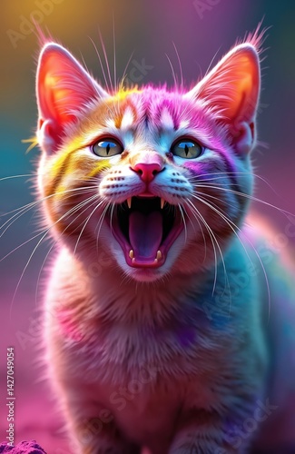 Adorable cat enjoying Holi festival, vibrant colours, powder splash. Funny, happy, colourful, joyful kitten celebrating holiday. Cute cat portrait. Generative AI art.