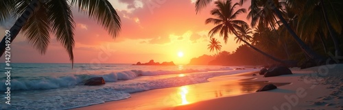 Stunning sunset beach scene with palm trees, waves. Peaceful serene landscape, vibrant colors. Sun reflects on the water. Perfect coastal vacation background.