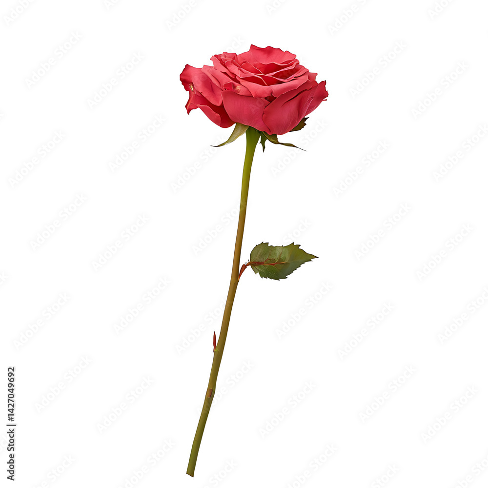 Elegant Red Rose on a Long Stem with Green Leaves Isolated on a White Background Elegant Red Rose on a Long Stem with Green Leaves Isolated on a White Background