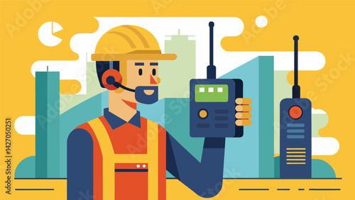 The foreman uses a radio to communicate with workers and coordinate their tasks ensuring a smooth and efficient workflow.. Vector illustration