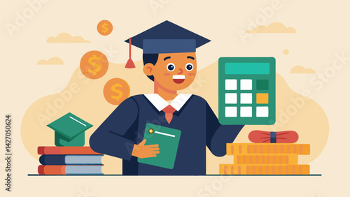 A graduate student happily adds up the amount of interest they paid on their student loan knowing it will result in a significant tax deduction.. Vector illustration