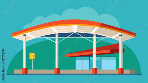 The construction of a large canopy providing shelter for waiting passengers and adding an eyecatching feature to the facade.. Vector illustration