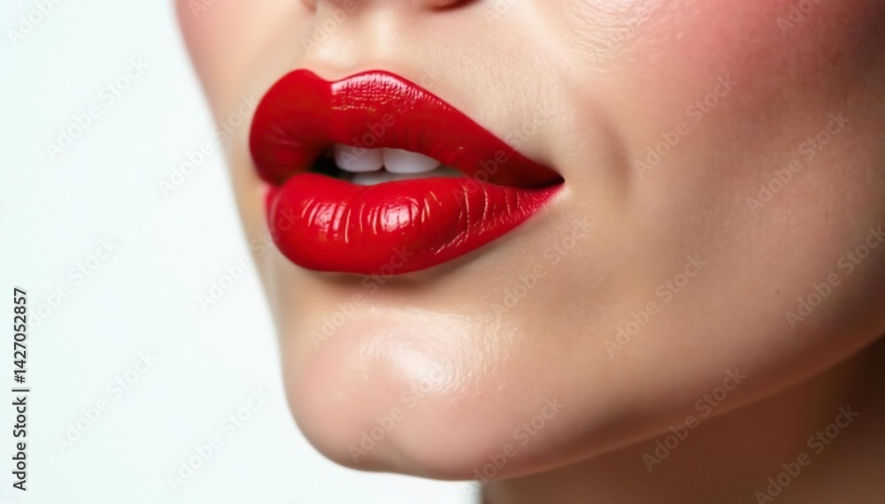 Obraz premium Close-up vibrant red lipstick, pristine white backdrop, minimalist, photography, allure