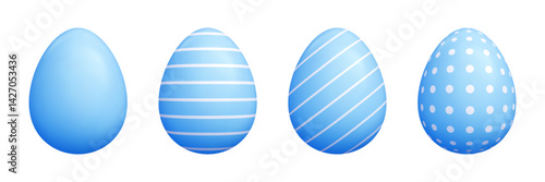 3d blue pastel Easter egg vector set - solid colorful oval cartoon shapes, striped, diagonal lines, decorative polka dots patterns. Cute seasonal vector graphic for spring holidays projects