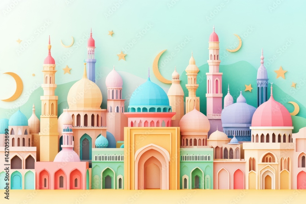 Fototapeta premium Colorful pastel buildings with domes and minarets against light backdrop