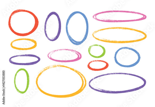 Oval highlight pastel color crayon shapes set - hand drawn sketchy rough ellipse circles design elements. Pencil or marker grunge emphasizing text information and drawing attention decorative accents