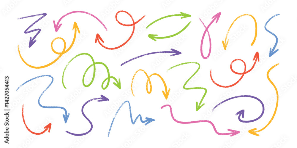 Pastel chalk arrow doodles set - hand drawn swirls, pointers, curved lines. Artistic colored pencil sketches, chaotic crayon strokes design elements pack. Marker grunge scribbles and drawings. Pastel chalk arrow doodles set - hand drawn swirls, pointers, curved lines. Artistic colored pencil sketches, chaotic crayon strokes design elements pack. Marker grunge scribbles and drawings.