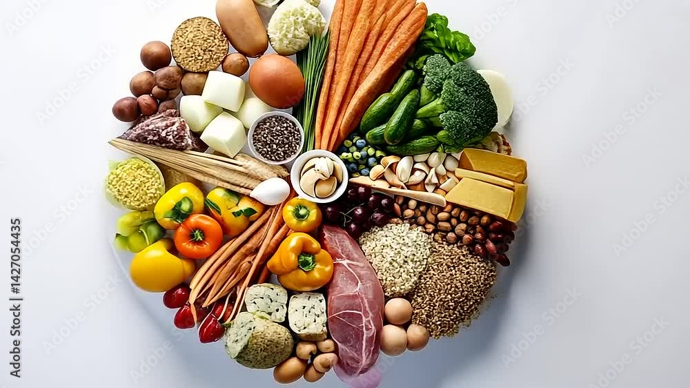 Vibrant Array of Foods Rich in Nutrients Perfectly Arranged on a White Surface