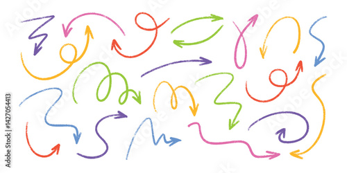 Pastel chalk arrow doodles set - hand drawn swirls, pointers, curved lines. Artistic colored pencil sketches, chaotic crayon strokes design elements pack. Marker grunge scribbles and drawings.