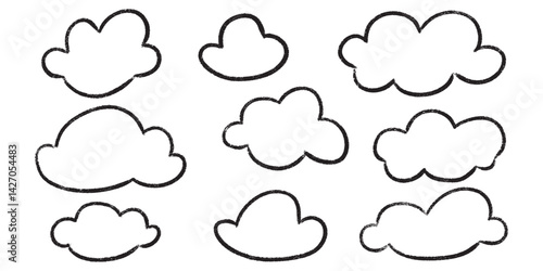Kid crayon clouds set - various cute simple shapes outlines drawn by hand. Isolated black line cartoon doodle sketch elements on white background. Children drawing style clipart for childish design.