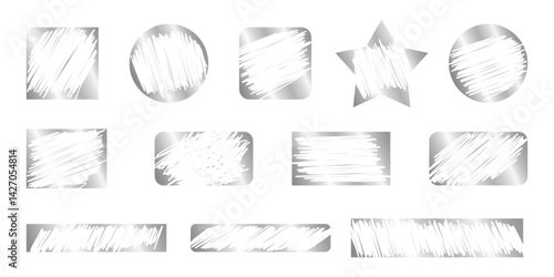 Lottery scratch card shapes pack - pencil hatching chalk shading doodle silhouettes. Random scribbled stencils scuffed distressed stamps. Grainy grunge overlay shaded geometric templates.