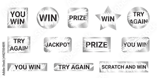 Lottery scratch card text labels - silver foil grunge pencil scribble shapes. Motivational win prize jackpot game phrases. Metallic shiny distressed ink graphic elements.