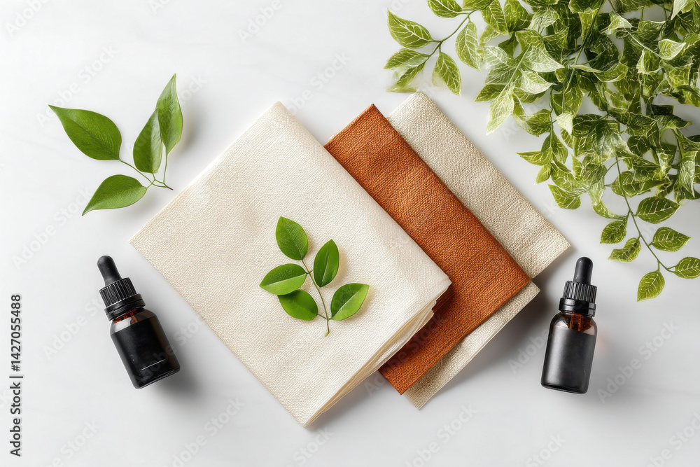 Minimalist composition featuring essential oil bottles, linen cloths, and greenery, emphasizing natural beauty, wellness, and eco-friendly lifestyle elements for skincare product promotion. Minimalist composition featuring essential oil bottles, linen cloths, and greenery, emphasizing natural beauty, wellness, and eco-friendly lifestyle elements for skincare product promotion.