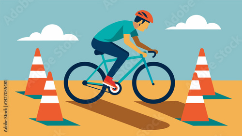 In a flurry of motion a BMX rider weaves in and out of traffic cones displaying their precision and speed as they complete a challenging obstacle. Vector illustration