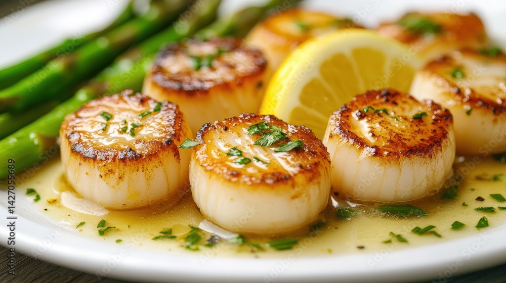 Delicious Seared Scallops Served with Asparagus and Lemon Slices Delicious Seared Scallops Served with Asparagus and Lemon Slices